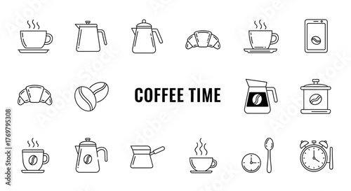 A collection of outline line icons representing coffee time, perfect for graphic and web design, apps, adverts, and various cards. This vector cartoon illustration features a white background