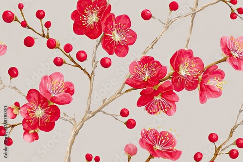 Asian floral pattern illustration featuring vibrant red plum blossoms on a soft background, showcasing intricate details and natural beauty with copy space for design purposes