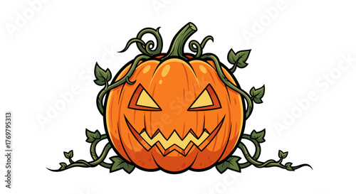 A vibrant and spooky cartoon illustration of a classic jack-o'-lantern pumpkin with a carved, grinning face and glowing triangular eyes, entwined with twisting green vines and leaves, set against a