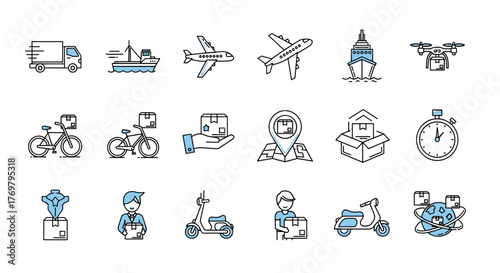 Comprehensive delivery and transport thin line icon set, featuring a delivery truck, ship, airplanes, cruise ship, drone, bicycles, hand holding package, map with pin, open box, stopwatch, scooter