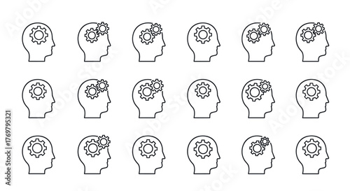 A repeating pattern of a human head silhouette with gears inside, symbolizing thought processes, ideas, and intelligence, perfect for graphic design, web development, and conceptual illustrations on