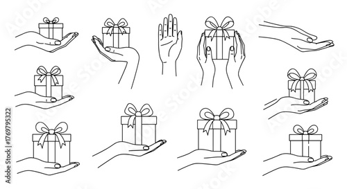 Collection of simple linear outline illustrations of hands holding gift boxes with bows, perfect for web, books, cards, and apps, editable stroke vector cartoon illustrations, symbolizing giving and