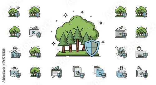 Vivid and minimalistic vector cartoon illustration featuring a forest with pine trees and a protective shield, symbolizing security and environmental protection. This icon pictogram is ideal for web
