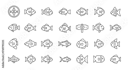 A diverse collection of hand-drawn fish icons in outline style, perfect for graphic and web design, apps, adverts, and various cards. This vector cartoon illustration features a white background