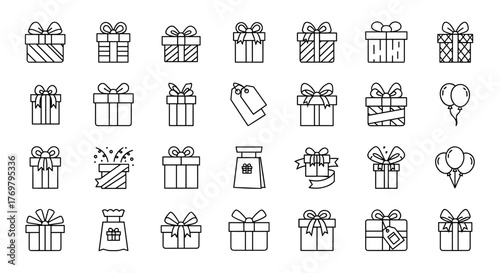 Collection of simple isolated line icons representing gifts and presents, featuring editable strokes, suitable for web, books, cards, and apps, presented as vector cartoon illustrations with a white