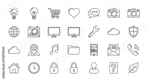 A comprehensive collection of outline line icons, perfect for graphic and web design, app development, and various advertising materials. This vector cartoon illustration features a clean, ordered