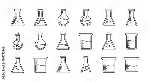 Set of minimalistic white line art laboratory flasks and beakers on a black background, perfect for science, chemistry, and education-related graphic design projects, web banners, social media, and