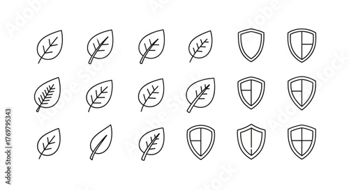 A collection of minimalistic thin line icons featuring various leaf designs and shield emblems, perfect for web, graphic design, apps, banners, social networks, and cards. This vector cartoon