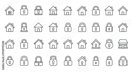 Collection of simple linear outline icons representing houses and padlocks, perfect for web design, books, cards, and app interfaces. This editable stroke vector cartoon illustration set offers a