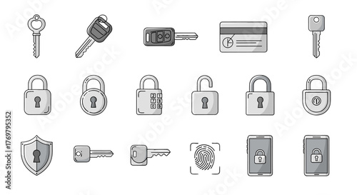 A collection of security-related icons in a clean, linear, cartoon illustration style, featuring various keys, padlocks, a credit card, a shield, a fingerprint, and smartphones, all presented on a