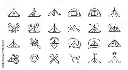 A collection of minimalist, line-art vector icons representing various types of tents and camping shelters, perfect for graphic design, web development, app interfaces, and advertising materials