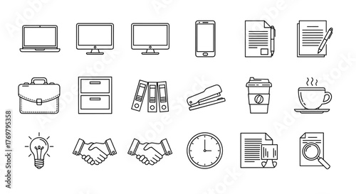 A collection of outline-style icons representing office and business-related objects, perfect for design projects, apps, social networks, and more. This vector cartoon illustration features a white