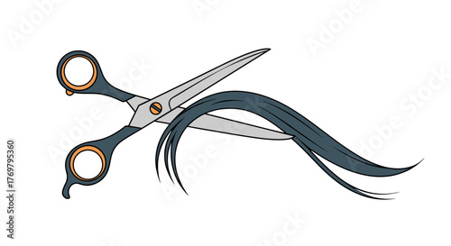 Stylized vector illustration of a pair of sharp scissors cutting a flowing lock of dark hair, symbolizing hair salon services, beauty treatments, and personal grooming. The clean design with a black