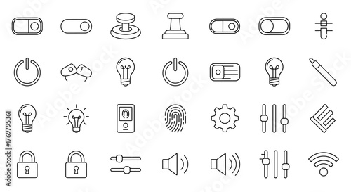 A versatile collection of on/off switch and toggle icons, presented as clean line art with a subtle outline effect, perfect for enhancing digital interfaces, web design elements, mobile applications