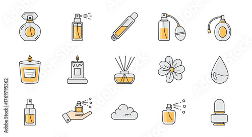 A collection of minimalistic line icons representing various perfume and aromatherapy elements, including perfume bottles, atomizers, scented candles, reed diffusers, a flower, a droplet, and a hand