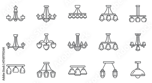 Collection of minimalistic outline icons representing various chandeliers and lustres, perfect for web and graphic design, apps, banners, social networks, and cards. This vector cartoon illustration