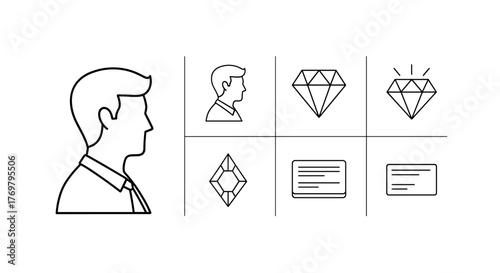 Clean line art vector illustration featuring a profile portrait of a person in a suit and tie, alongside a set of diamond-shaped icons and horizontal lines, suitable for business card design or
