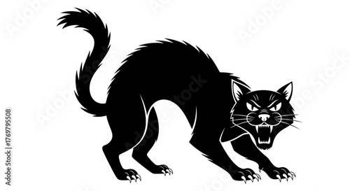 An aggressive black cat with an arched back and tail, its silhouette perfect for Halloween themes and prints, rendered as a flat vector illustration on a white background, conveying a sense of menace
