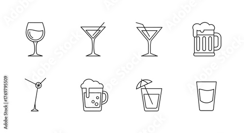 Collection of eight minimalistic thin outline icons representing various alcoholic drinks, including a wine glass, martini glasses, beer mugs, a cocktail with an umbrella, and a shot glass, perfect