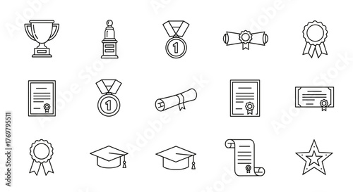 Collection of minimalistic linear award and diploma icons, featuring a trophy, chess piece, medals, graduation caps, certificates, scrolls, and a star, presented with editable strokes and a cartoon