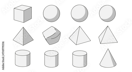 A collection of basic geometric shapes, including a cube, spheres, pyramids, cylinders, and a cone, presented in a clean, organized layout with a white background, showcasing different angles and