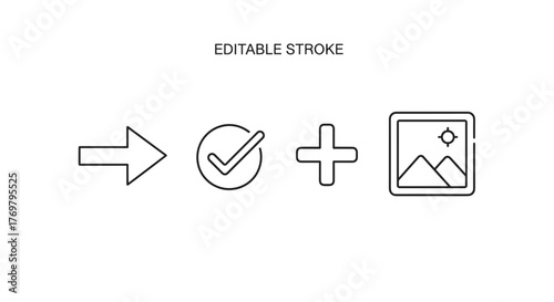 Set of four outline icons on a black background: a right-pointing arrow, a checkmark inside a circle, a plus sign, and a framed picture with mountains and a sun, all with editable strokes, perfect