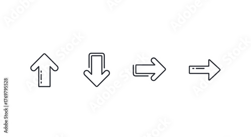 Collection of four outline arrow icons: up, down, right, and left, with editable stroke, perfect for infographics, articles, books, flyers, banners, and vector cartoons, representing direction