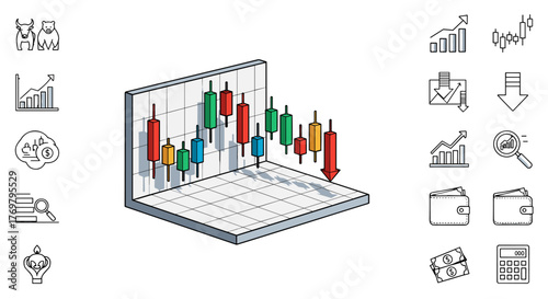 Dynamic 3D stock market and exchange candlestick graph chart illustration, showcasing market trends with rising and falling prices, accompanied by icons representing financial growth, analysis, and