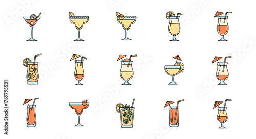 Collection of 15 Outline Icons Representing Various Beach Cocktails, Perfect for Summer Infographics, Articles, Books, Flyers, and Banners, Featuring Editable Stroke and Cartoon Style Vector
