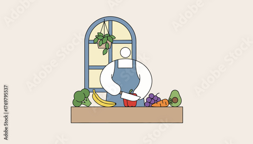 Person chopping a red bell pepper on a cutting board, surrounded by fresh fruits and vegetables like broccoli, banana, grapes, avocado, and carrot, promoting healthy eating and cooking concepts