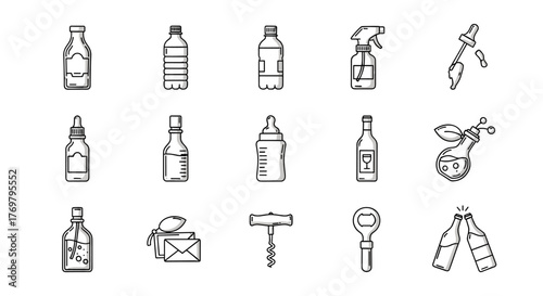 A collection of stylized line icons representing various bottles and related items, including water bottles, spray bottles, dropper bottles, baby bottles, wine bottles, perfume bottles, corkscrews