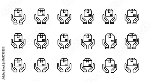 Minimalistic vector cartoon illustration of an open box for transportation, held above cupped hands, symbolizing delivery, logistics, and e-commerce, perfect for web and graphic design, apps