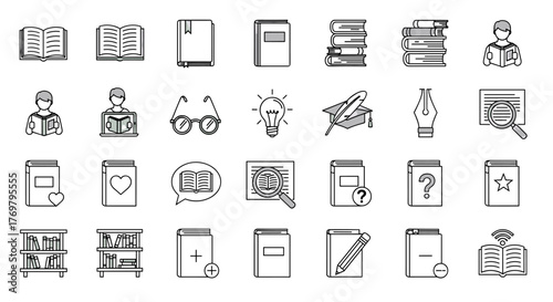 Collection of outline icons representing books and reading, perfect for infographics, articles, books, flyers, and banners. This editable stroke vector cartoon illustration set includes symbols for
