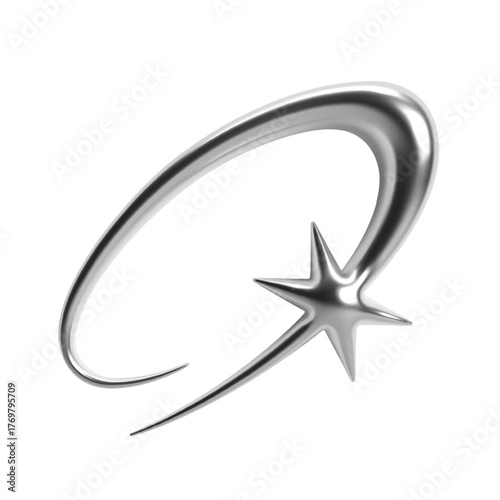 3d chrome star on curved orbit shape reflecting futuristic y2k aesthetic