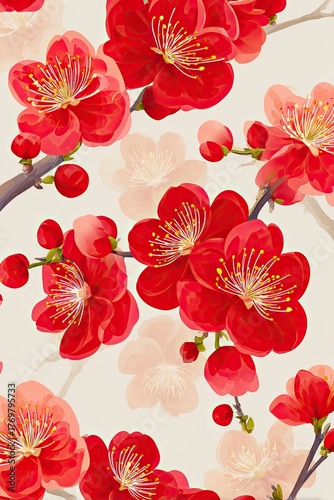 Asian floral pattern illustration featuring vibrant red plum blossoms on a soft background, showcasing intricate details and a harmonious design with copy space for text