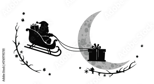 Santa Claus silhouette in sleigh delivering gifts under a crescent moon