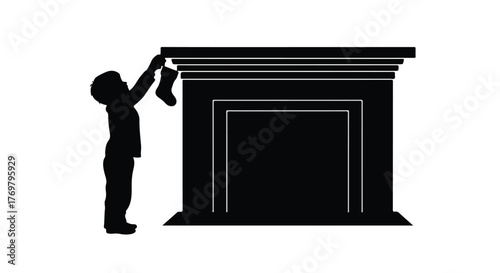 Child hangs stocking on festive fireplace, anticipating holiday gifts and Christmas morning joy.