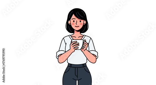 Illustration of woman holding coffee mug cartoon character in casual clothes enjoying a hot beverage break