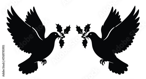 Two silhouetted doves in flight, each carrying a sprig of holly, symbolizing peace and holiday cheer.