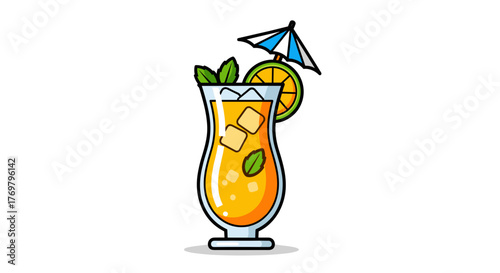 Illustration of a tropical cocktail drink with ice cubes lemon and umbrella for summer vacation