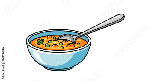 Delicious bowl of soup with spoon vector illustration for food blog recipe and culinary art projects design