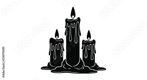 Mysterious black candles melting and glowing with warm light, creating a spooky atmosphere.