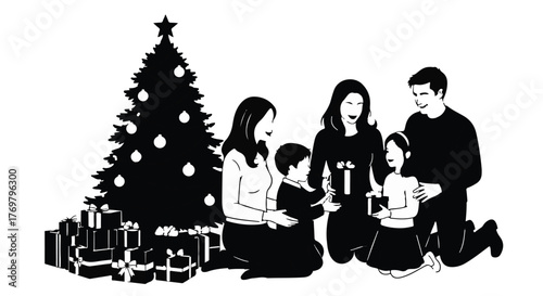 Joyful family unwraps Christmas presents by a decorated tree, sharing holiday cheer.