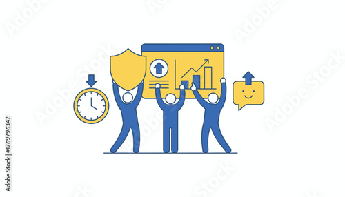 Blue stick figures collaborating, holding a shield for security and a browser window displaying an upward trending chart, representing teamwork, efficiency, and progress on a transparent background