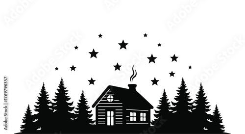 Cozy log cabin nestled amongst pine trees under a starry night sky.