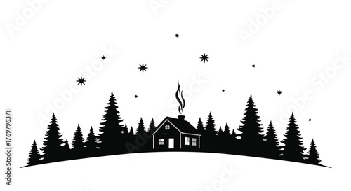 Cozy cabin nestled amongst pine trees under a starry winter sky.