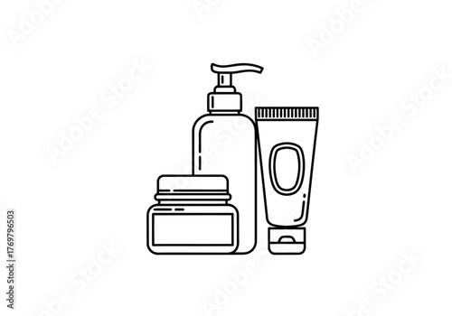 A black outline illustration of three cosmetic containers including a jar a tube and pump bottle in a group shot