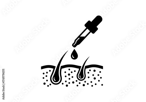 A dropper applying liquid onto two fine hair follicles for treatment and growth illustration on a light surface