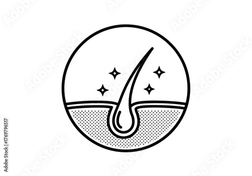 Illustration of a fine and healthy hair follicle within a circle with sparkling elements around the hair shaft design