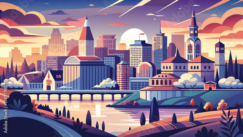 Very beautiful Laval vector travel poster in cinematic minimal landscape art style, featuring the city skyline, riverfront, and modern architecture with soft sunset tones highlighting Quebec’s urban 